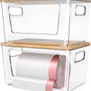 Spospo 2 Pack Trash Bag Holder with Bamboo Lid, Stackable Trashbag Dispenser, Extra Large Garbage Bag Holder for Kitchen Laundry Room Under Sink Organization and Storage