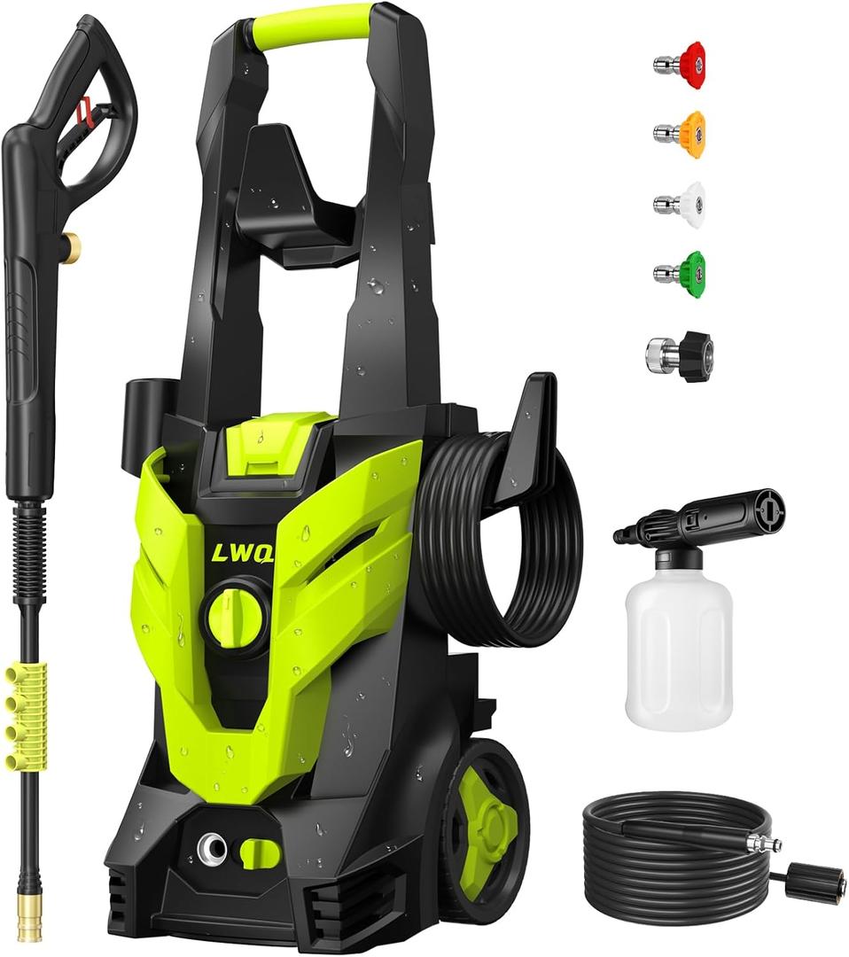 Electric Pressure Washer, 2.5 GPM Power Washer with 4 Quick Connect Nozzles, High Pressure Cleaning Machine with Foam Cannon for Cars/Fences/Driveways/Patios/Home Cleaning (Green)