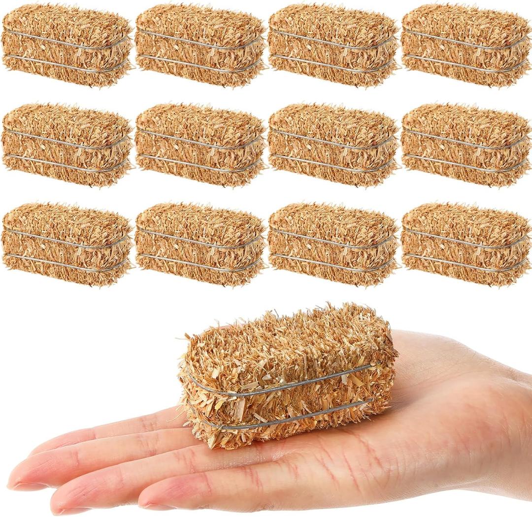 12 Pcs Mini Hay Bales Thanksgiving Fall Harvest Decorations Small Decorative Straw Bale for Christmas Nativity Scene, Dollhouse, Western Themed Party Decorations, 1.2 x 2.6 x 1.2 Inch