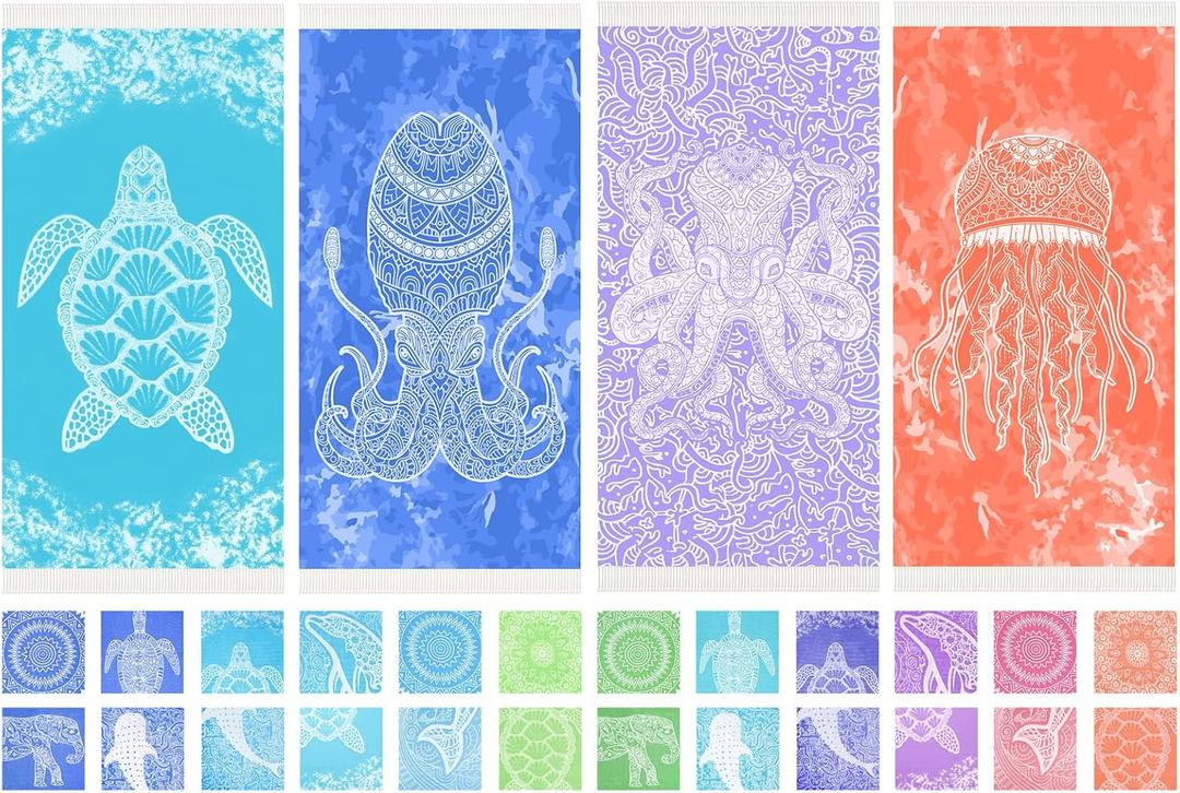 Thin Turkish Beach Towel Lightweight Quick Dry Absorbent Cotton Bathroom Bath Pool Swim Towels Extra Large Oversized Sand Free Beach Accessories Essentials Cloud Gifts for Adult (X-Large(79 x 36 inches,200 x 90 cm), 4 Pack Pink Whale Blue Dolphin)