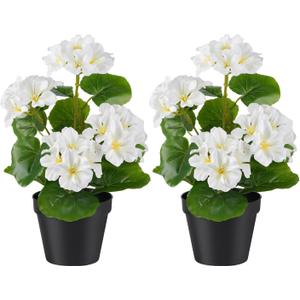 2 Pack Artificial Geranium Flowers Small 13 Inch Faux Flowers Spring Summer Decoration Fake Flowers for Home Office Table Decorations Indoor (White)
