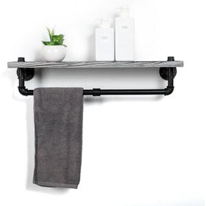 Rustic Style Torched Wood Towel Rack Wall Mounted Industrial Metal Pipe Bar Floating Bracket Shelf Bathroom Kitchen Washcloths Toiletries Supplies Rectangular Hanging Organizer Farmhouse