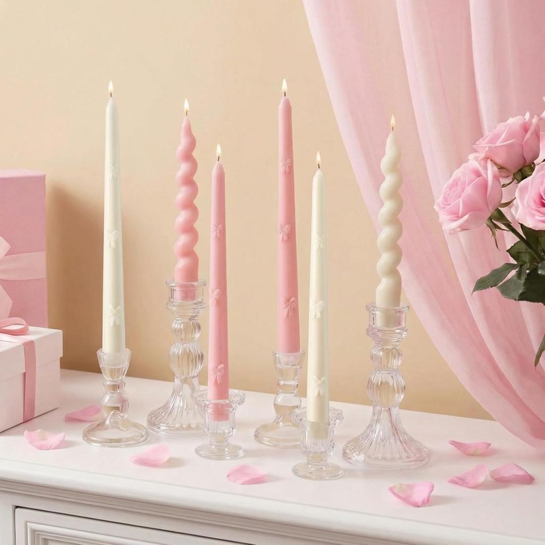 Nuanchu 6 Pcs Pink Bow Taper Candles 3D Pink Coquette Decoration Twisted Candlesticks Decor Bow Twisted Candles for Coquette Birthday Baby Shower Wedding Bachelorette Supplies