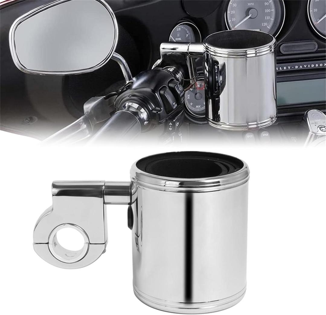 Motorcycle Cup Holder for Harley Davidson - Easy to Install Handlebar Drink Holder for Touring Street Glide Sportster Dyna Softail FLH/T FLHX Models (Chrome)