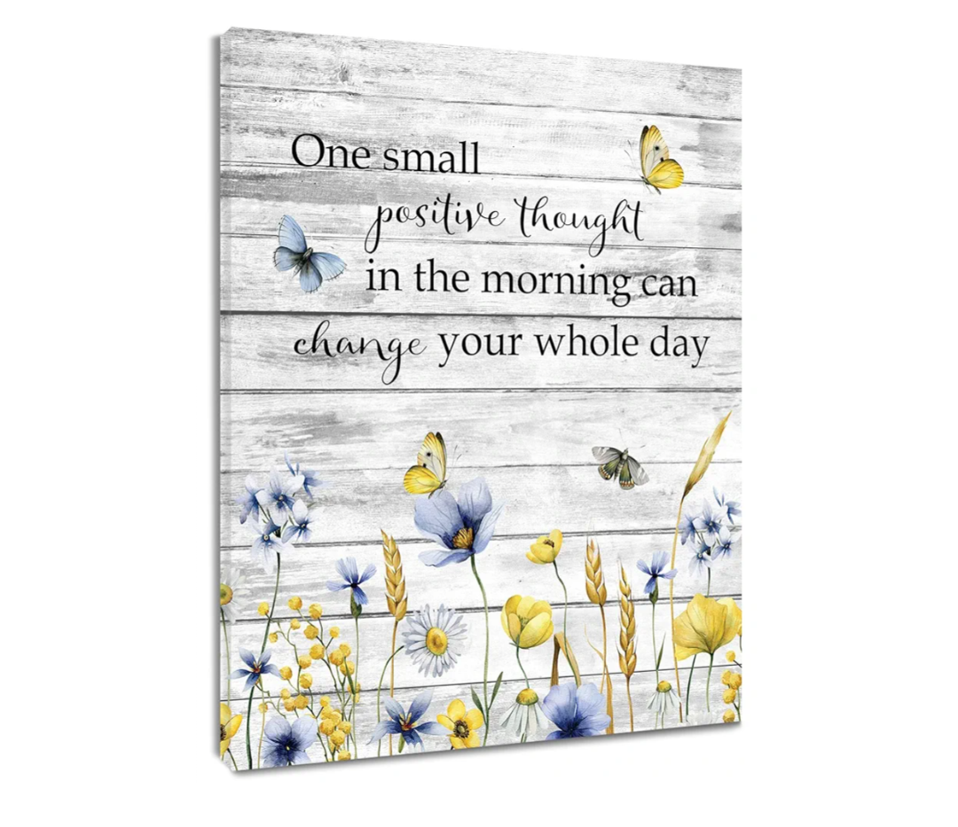 Blue Yellow Floral Wall Art for Bathroom Vintage Butterfly and Wildflower on Grey Abstract Canvas Wall Art Inspirational Quotes Wall Pictures for Living Room Bedroom Office Ready To Hang, 12x16 Inch
