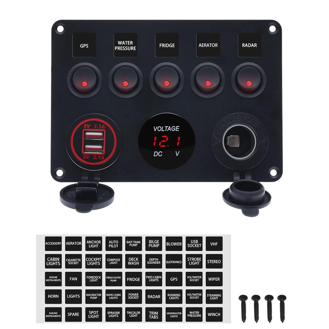 5 Gang Marine Toggle Switches Waterproof Rocker Switch Panel for Boat with 4.2A Dual USB Charger Cigarette Lighter Socket Digital Voltmeter for RV Car Vehicles Truck (Red)