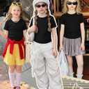 Girls Short Sleeve Ribbed Knit Shirts | Ruched Top, Slim Fit, Casual Crewneck, Basic Tee, Summer, Back to School (Black)