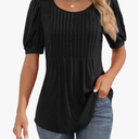 Ficerd Women's Puff Short Sleeve Tunic Tops Pleated Crew Neck Summer Blouses Dressy Casual Loose T Shirts, S
