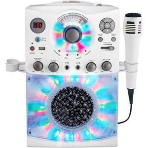 Singing Machine Portable Karaoke Machine for Adults & Kids with Wired Microphone, White - Built-In Speaker, Bluetooth with LED Disco Lights - Karaoke System with CD+G Player & USB Connectivity