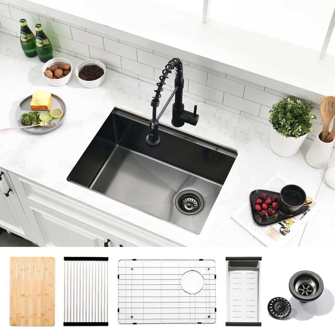 23 Inch Black Undermount Kitchen Sink - SZBAQTM 23x18 Inch Stainless Steel Undermount Sink Workstation Single Bowl 10'' Deep Handmade Kitchen sink with Cutting Board& Strainer, 23"X18"X10"