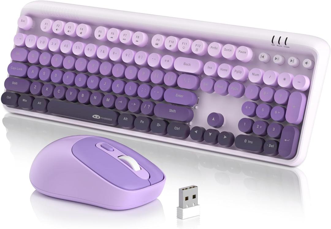 MageGee V920 Wireless Keyboard and Mouse Combo, 2.4G Full-Sized Retro Typewriter Keyboard with Round Keycaps & Auto-Sleep Mode, Cute Computer Keyboard and Cordless Optical Mouse for Laptop/PC (Purple)