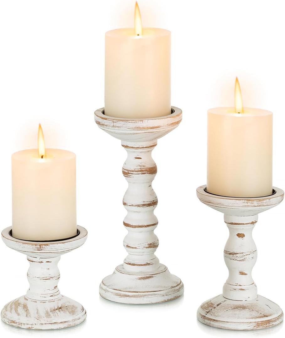 Romadedi Wood Candle Holders for Pillar Candles - Set of 3 Tall Farmhouse Wooden Candlestick Holder, Rustic Candle Stand for Fireplace Mantle Shelf Table Home Decor, Brown Whitewashed 3.9"/6"/ 8.3"