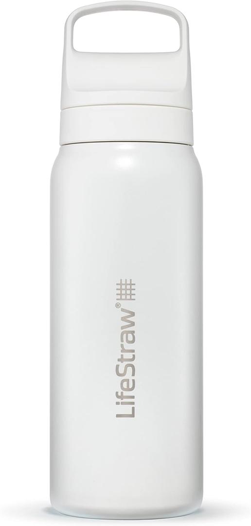 LifeStraw Go Series  Insulated Stainless Steel Water Filter Bottle for Travel and Everyday Use Removes Bacteria, Parasites and Microplastics, Improves Taste, 24oz Polar White