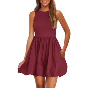 PRETTYGARDEN Summer Dresses for Women 2025 Casual Sleeveless Tank Mini Short Dress Crew Neck Bubble Sundress with Pockets (Small, Burgundy)