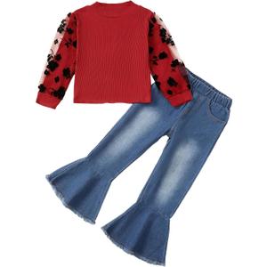 Kucnuzki Toddler Girl Clothes Cute Kids Clothes Long Sleeve Shirts Top Bell Bottom Denim Jeans Pants 2 Piece Matching Outfits (4-5T, Red)