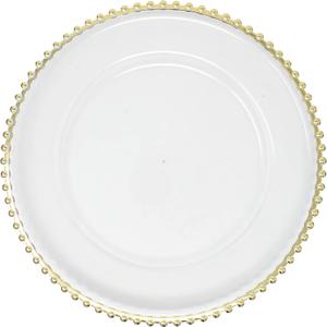 Ms Lovely Clear Charger Plates with Metallic Beaded Rim - Set of 6 - Made of Thick Plastic - Gold