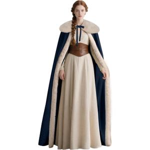 Joukavor Renaissance Velvet Cape with Viking Fur Collar for Women Halloween Costume (Navy Blue)