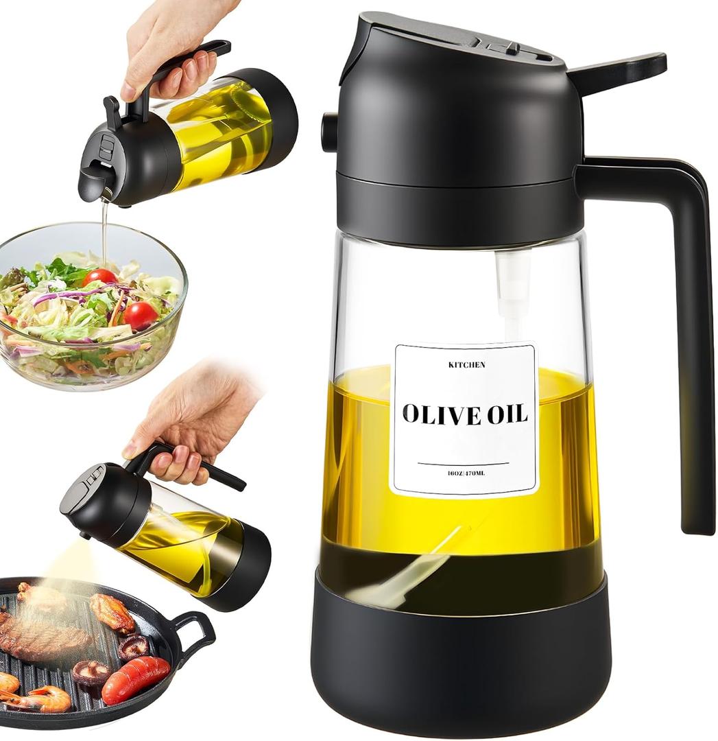 PARACITY Oil Dipenser Bottle with Silicone Bottom, 2 in 1 Olive Oil Sprayer and Dispenser, Oil Spray Bottle 500ML/ 17OZ for Cooking, Kitchen, BBQ, Air Fryer, Salad, Baking(1PC Black)