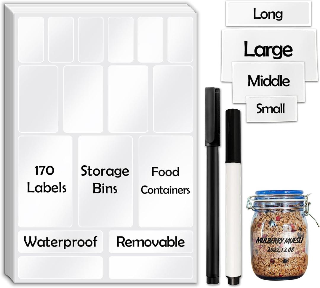 JIEHENG 170Pcs Clear Removable Labels for Jars,for Storage Bins,for Food Containers with 2 Liquid Chalk Marker(Transparent)