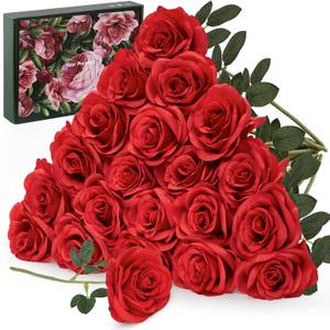 20PCS Artificial Red Roses, 3.9'' Silk Flower Head Fake Red Rose with Long Stems, Realistic Faux Roses Bouquet for DIY Wedding Home Party Office Decoration