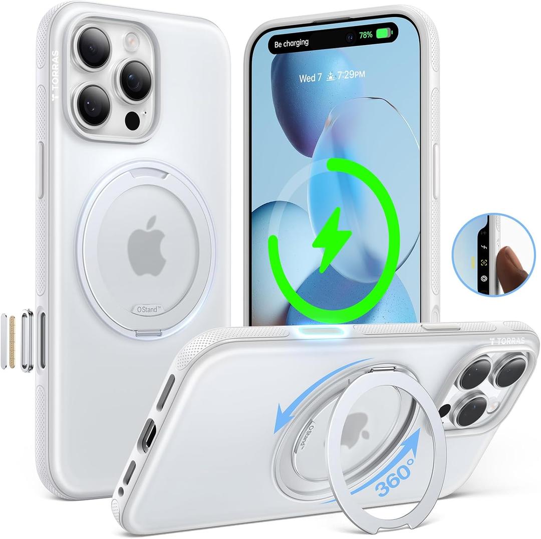 TORRAS 360 Magnetic Stand for iPhone 16 Pro Case, [Fit for MagSafe][Camera Control Button] Mil-Grade Protection Translucent Slim Anti-Scratch Rotatable Ring Kickstand, Glacier White, OFitness Series