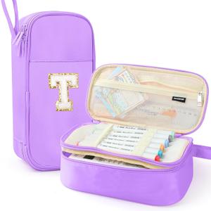 Large Pencil Case,Big Capacity Pencil Pouch,Personalized Initial Pencil Bag with smooth zipper,Multiple Pockets,Cute Aesthetic Stationery Pen Case Bag for Teen Girls College (Purple, T)