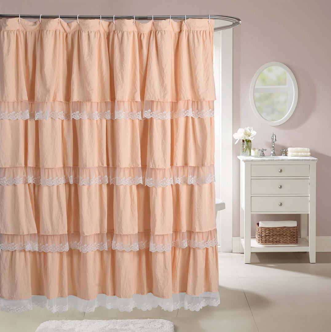 Elegant Peach Pink Shower Curtain with Handmade Ruffles and Lace Trim, 72" x 72" Soft Microfiber Shower Curtains for Boho, Farmhouse, and Vintage Bathroom Decor, Machine Washable
