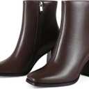 Wetviro Womens Square Toe Ankle Boots Chunky Block Heel Short Boots for Women Mid Heel Dressy Booties Office Party Daily Wear 8.5, Brown