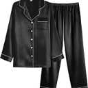 Ekouaer Women Satin Pajamas Set Classic Button Down Long Pjs Set (Medium, Black)