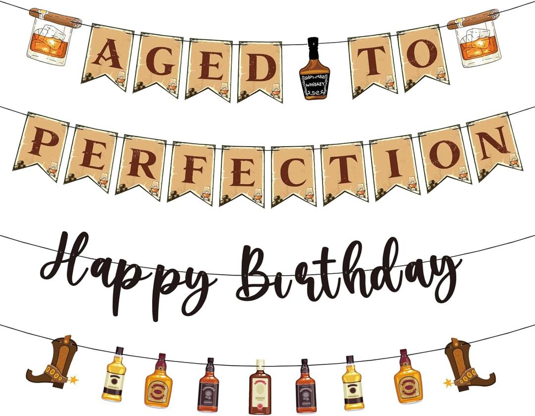 Aged to Perfection Birthday Decorations - Birthday Decorations for Men Whiskey Banners Beer Party Supplies Over the Hill 40th 50th 60th Bday Party Decor