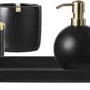 Bathroom Accessories Set, 5-Piece Ceramic Bath Accessory Complete Set with Lotion Dispenser/Soap Pump, Cotton Jar, Vanity Tray, Tumbler and Toothbrush Holder (Black and Gold)