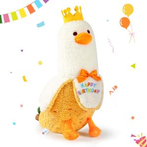 PEACH CAT Banana Duck Plush Pillow with Birthday Party Crown Banana Duck Stuffed Animal for Birthday Gift for Kids Yellow 19.7"