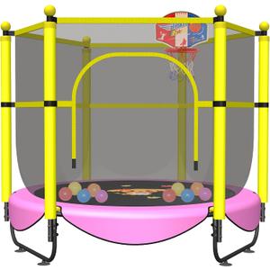 VGMiu 60" Trampoline for Kids, 5 FT Indoor & Outdoor Toddler Baby Trampoline with Basketball Hoop, Safety Enclosure, Birthday Gifts for Kids, Gifts for Boy and Girl, Age 3-8