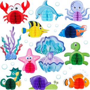 WILLBOND 12 Pieces Under The Sea Honeycomb Centerpiece Ocean Themed Party Table Decoration Ocean Animal Fish Creature Mermaid for Birthday Beach Shower Party Supplies