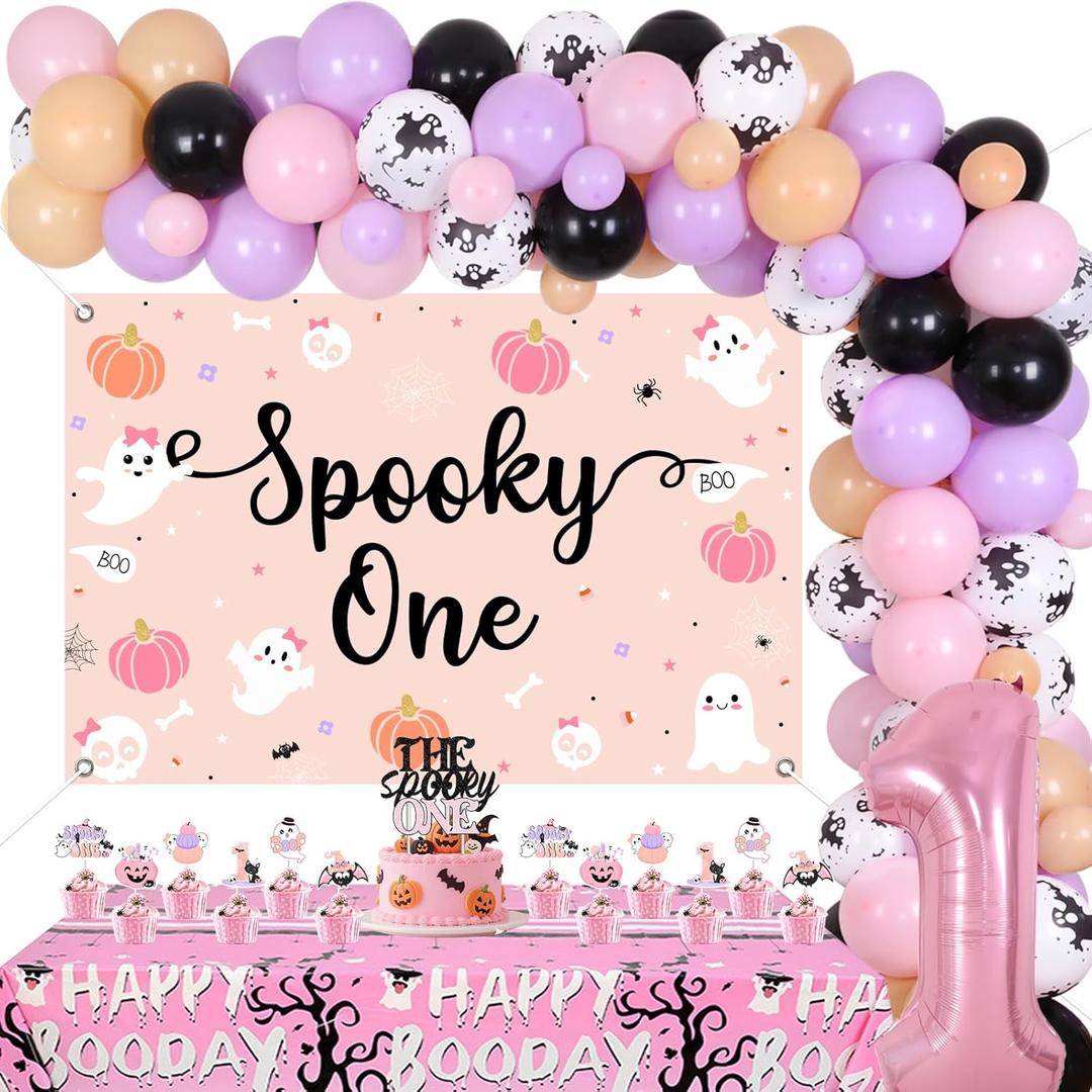 JOYMEMO Halloween 1st Birthday Decorations Girl, Spooky One Backdrop Tablecloth with Pink Purple Halloween Balloon Garland Arch Kit, The Spooky One Cake Topper Cupcake Toppers Party Supplies