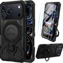 2 x Vaki for iPhone 17 Pro Case with Tempered Glass Screen Protector, Heavy Duty Military Grade Shockproof Protective Cover 360° Ring Magnetic Kickstand Armor Cell Phone Case for iPhone 17 Pro (Black)