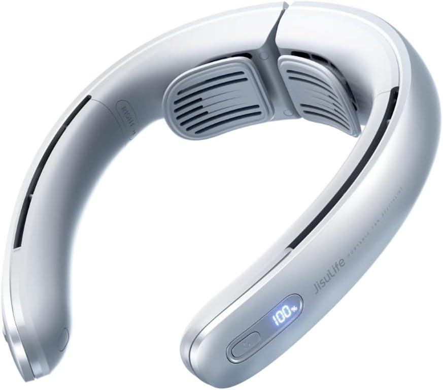 JISULIFE Portable Neck Fan, Upgraded 100 Speeds Personal Bladeless Fan Wearable with Neck Brace, LED Display, 5000mAh Rechargeable Battery Operated, Gifts for Women Men-Grey