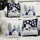 4 Pcs Winter Pillow Covers, Embroidered Xmas Tree Snowflake House Decoration Blue Grey Christmas Throw Pillow Covers for Christmas Winter Holiday Farmhouse Sofa Couch Bed Room Decor (20x20 Inch)