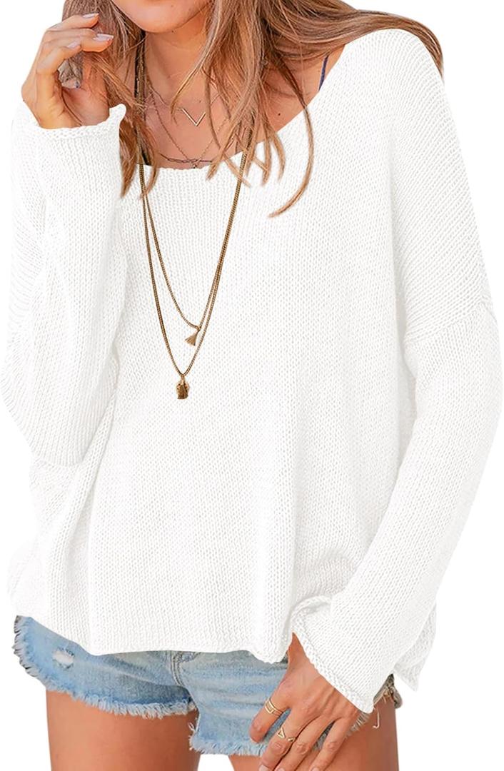 PRETTYGARDEN Women's Oversized Sweaters 2025 Casual Long Sleeve Scoop Neck Pullover Tops Loose Cozy Knit Fall Outfits (Large, White)