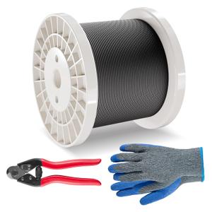 Happybuy 1/8" 500ft 316 Stainless Steel Wire Rope Kit, 1600 lbs Breaking Strength, 7x7 Strands Marine Grade Cable with Cutter and Gloves for Handrail, Fence, Decking, and Outdoor Use, Black