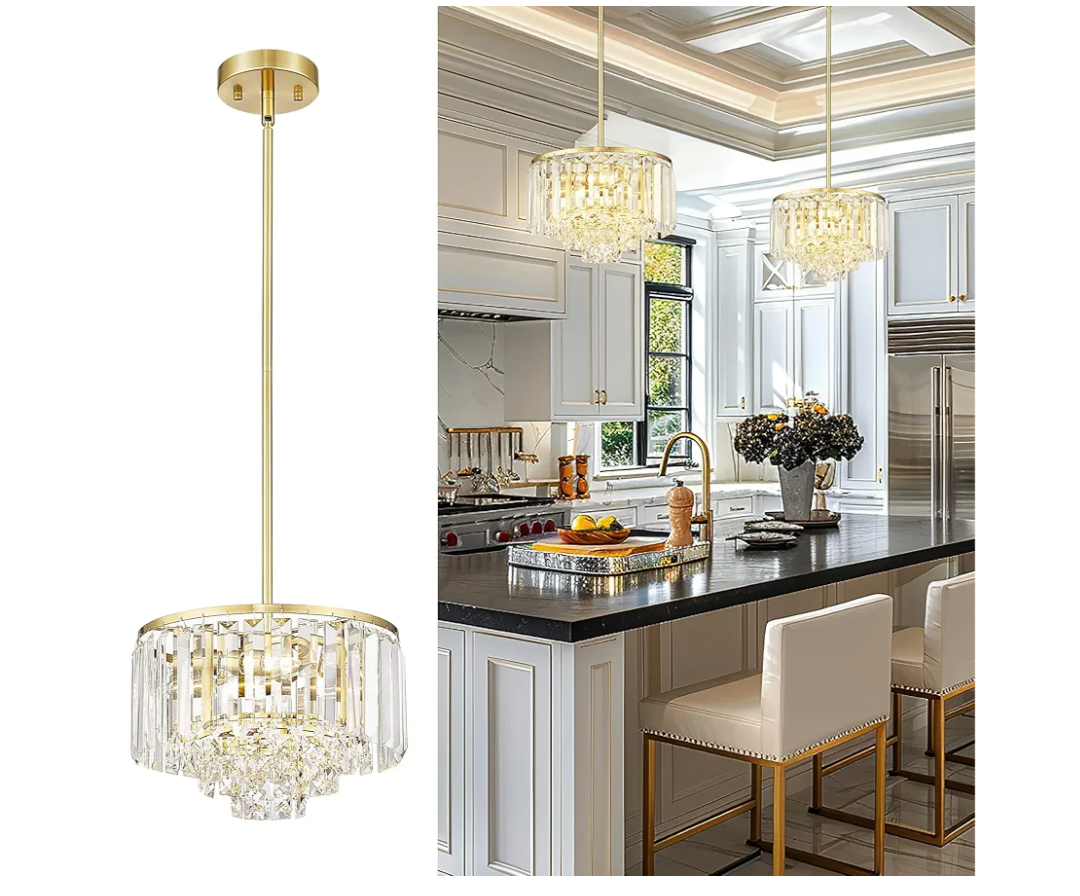 Polished Gold Chandelier, 4-Tier Crystal Pendant Light fixtures, Vintage Hanging Light, Chandeliers for Dining Room Kitchen Island Bedroom Entryway, CC4215-3W-PG