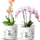 FoldTier 2 Pack 6.5 Inch Large Orchid Pot with Holes and Saucer for Root Health with Precise Aeration and Drainage, Ceramic Orchid Planter Pot for Repotting or New Plants Indoor Outdoor Use(White), 6.3 x 6.3 x 6.5 inches