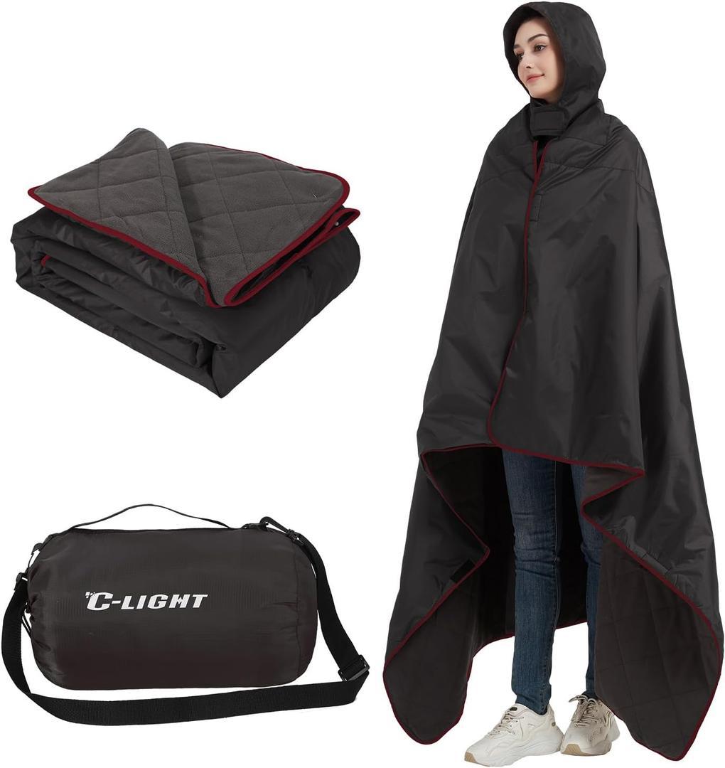 C-LIGHT Outdoor Hoodie Blanket - Stadium Blankets Waterproof Windproof - Emergency Warm Blanket for Rain&Cold Weather - Perfect for Picnic, Camping, Outdoor Sports Event, Stadium, Beach (Large)