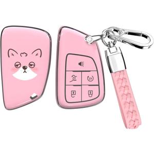 ACEBOY for Buick Key Fob Cover, Soft TPU Key Case with Keychain for Chevrolet Silverado Tahoe Equinox Traverse Suburban GMC Yukon Denali Terrain Sierra Buick Envision Acenir Encore (Pink,5 Buttons)
