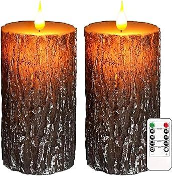 Set of 2 VEEKI Flameless Candles Lights, 6"x3" Pine Bark Flickering LED Candles with Remote & Timer, Dimmable Pillar Candles Battery Operated, Real Wax Electric Candle for Christmas Winter Home Decor, Brown