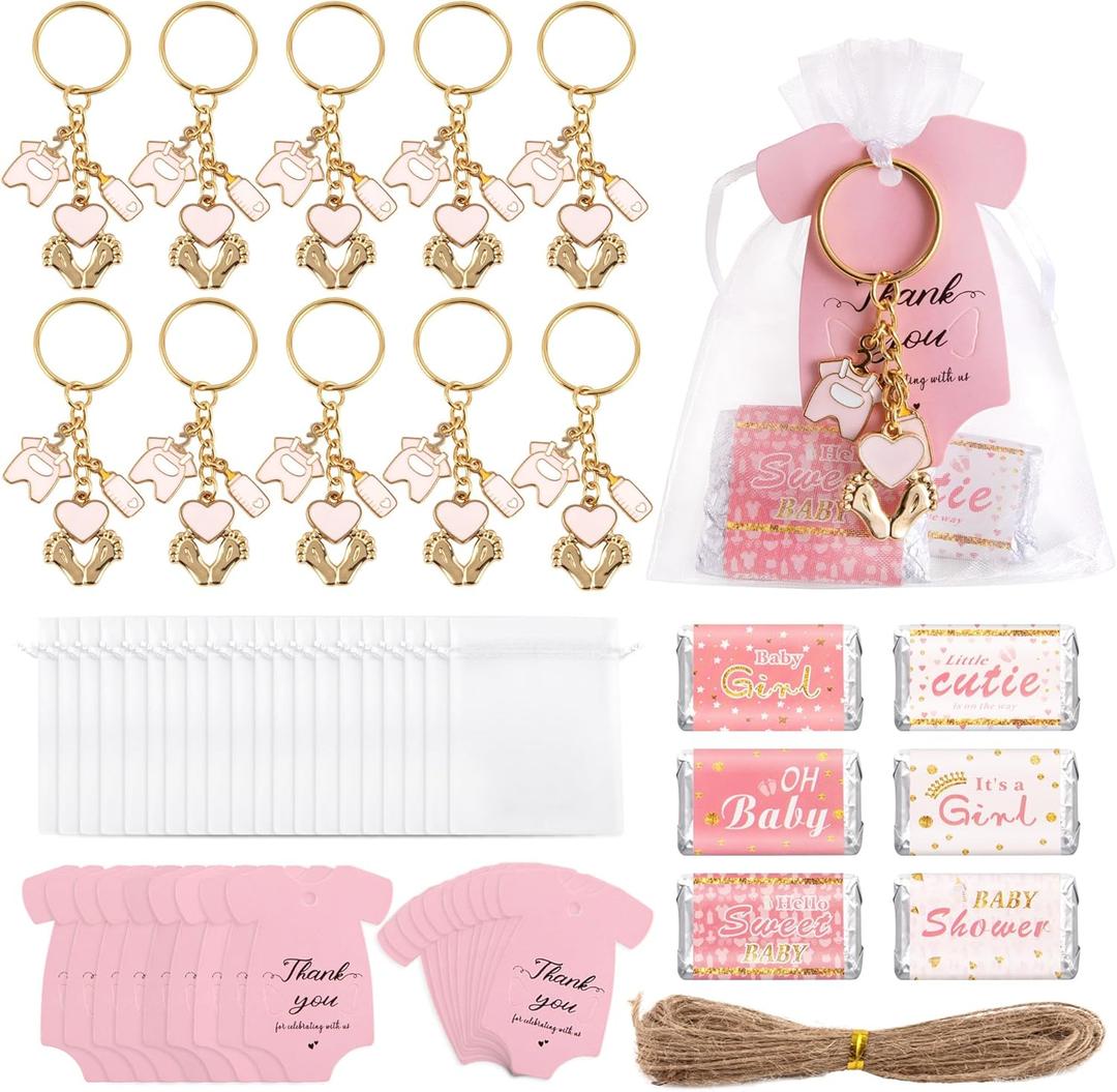 24 Set Baby Shower Party Favors for Girls Pink Footprint Keychains, Baby Shower Favors with Thank You Card White Organza Bags for Birthday Party Supplies (Pink)