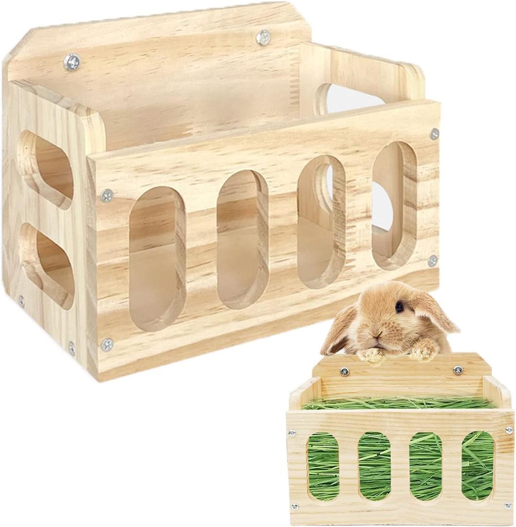 Rabbit Hay Feeder Wooden Hay Rack Guinea Pig Hay Holder Less Wasted Hanging Hay Feeder for Bunny Chinchillas Guinea Pig Small Animal Supplies