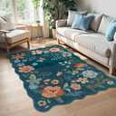 Lahome Floral Machine Washable Rug, 3x5 Rug Non Slip Soft Bedroom Rugs for Entryway Dorm, Ultra-Thin Boho Rugs for Living Room Stain Resistan Throw Carpet for Nursery Entrance, Navy Blue