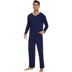 WiWi Men's Viscose from Bamboo Pajama Sets Long Sleeve Top and Pants Sleepwear Comfy Lightweight Loungewear Set S-XXL (Large)