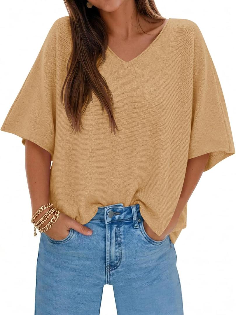 Saodimallsu Womens Short Sleeve Sweater Summer Oversized V Neck Knitted Pullover Trendy Casual Tops (X-Large, Khaki)